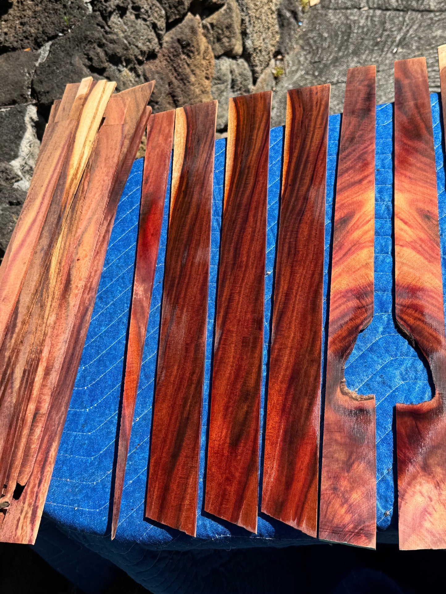 45 pieces of reclaimed Milo wood 4mm thin 9-24” long by 1/2-5.5” wide