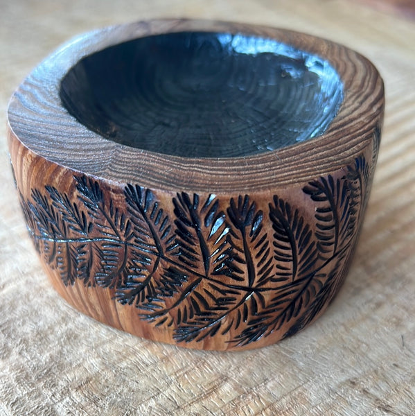 Fern Pyrography on Sugi Wood Shallow Dish CG Jocelynn Baumann)