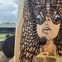 Pueo Pyrography on Norfolk Island Pine Wood (CG Jocelynn Baumann)