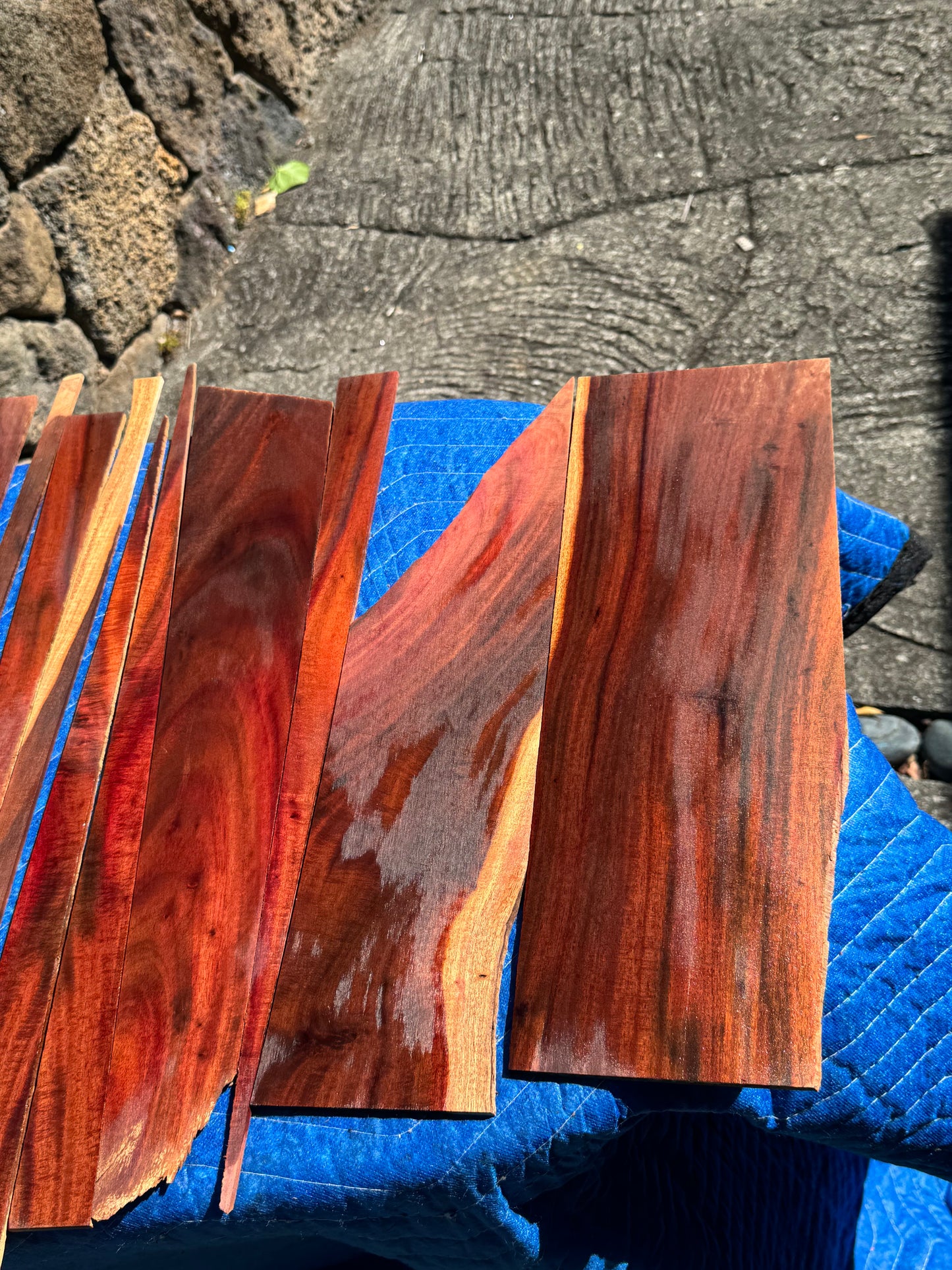 45 pieces of reclaimed Milo wood 4mm thin 9-24” long by 1/2-5.5” wide