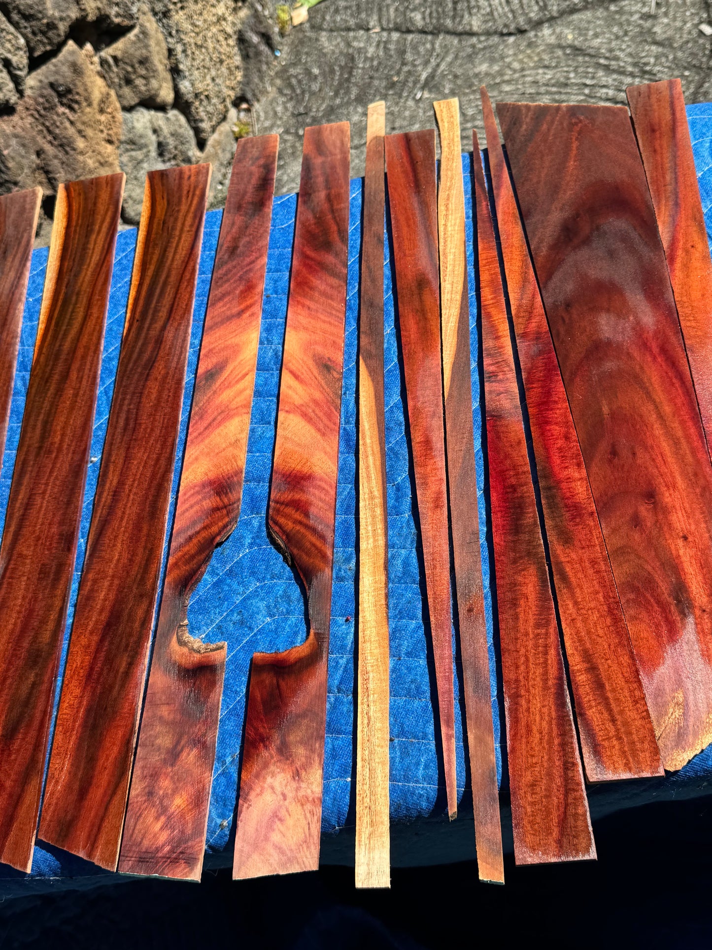 45 pieces of reclaimed Milo wood 4mm thin 9-24” long by 1/2-5.5” wide