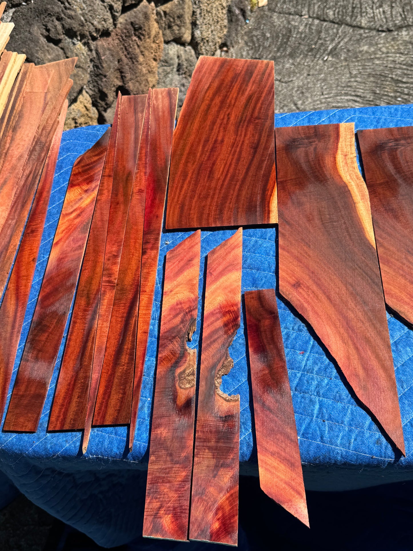 45 pieces of reclaimed Milo wood 4mm thin 9-24” long by 1/2-5.5” wide
