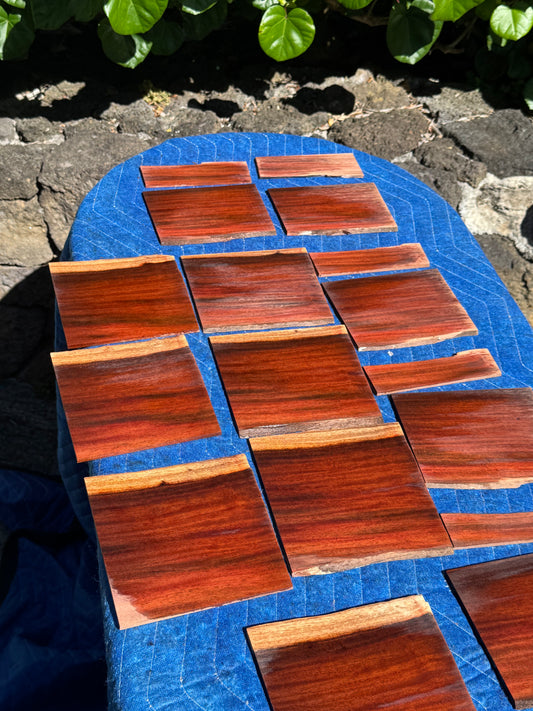 18 pieces of reclaimed Milo wood 4mm thin by 5” long by 1.5-5” wide