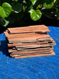 18 pieces of reclaimed Milo wood 4mm thin by 5” long by 1.5-5” wide