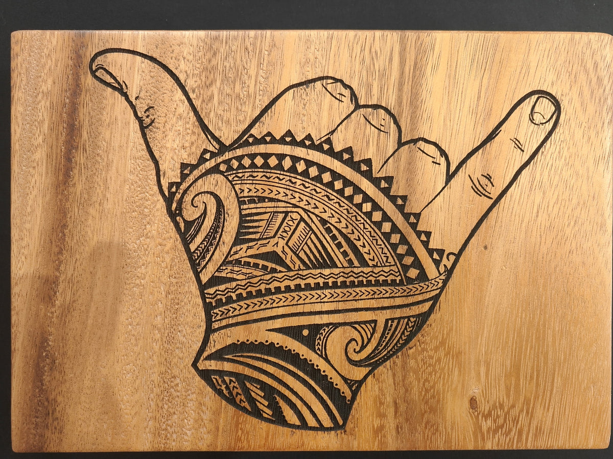 Shaka Monkey Pod engraved wood