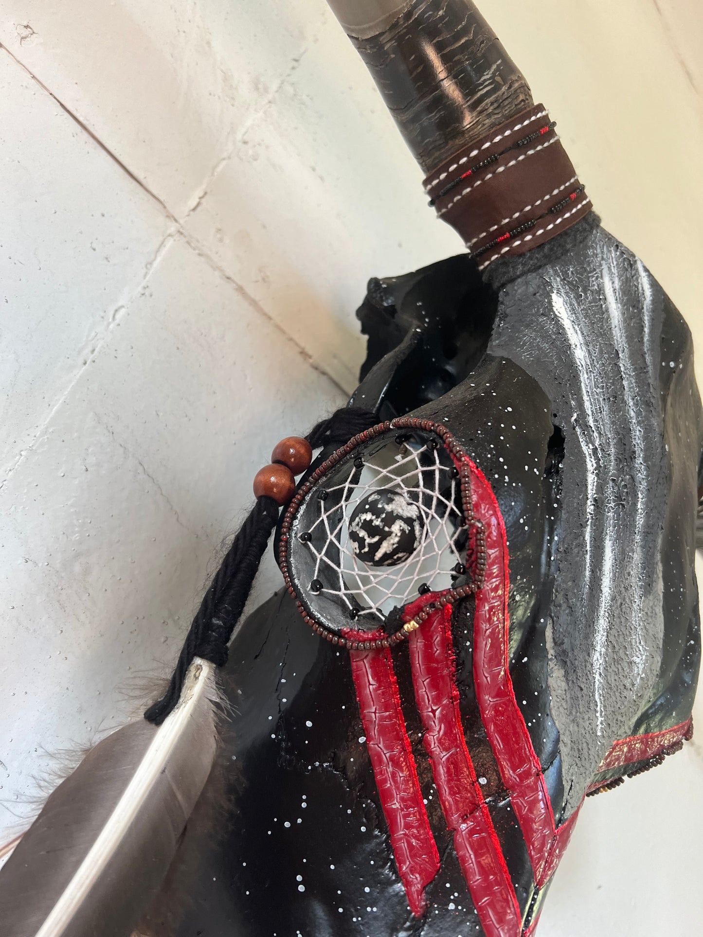 “Red Plume”-Hand painted Bull Skull - Black & Red