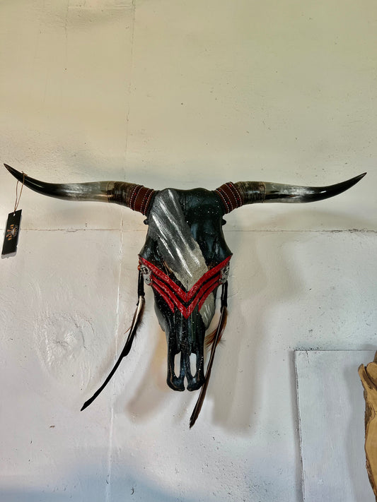 “Red Plume”-Hand painted Bull Skull - Black & Red