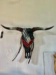 “Red Plume”-Hand painted Bull Skull - Black & Red