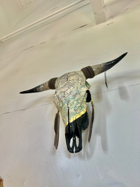 “Caiman” Hand painted Bull Skull - White Crackle & Gold