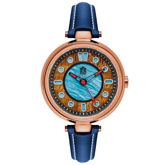 Fissure 8 Auto Women's Koa and Abalone Watch in Rose-Gold