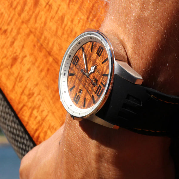 The Surfrider Koa Wood Watch -Silver/Black silicone