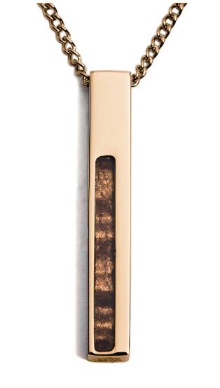 Koa, "Strength" Wood Bar Pendant, gold patina